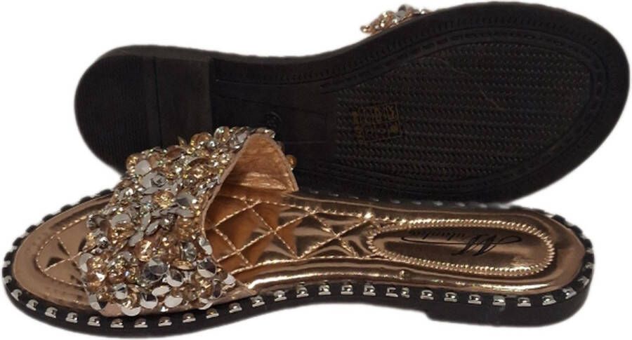 Mulanka -LUXE SLIPPER MET STRASS-ROSEGOLD- LUXE VOETBED STUDS LANGS ZOOLRAND