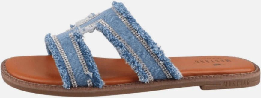 Mustang Shoes Slippers flats sandaal in jeans-look met strass-steentjes versierd