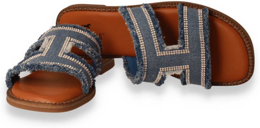 Mustang Shoes Slippers flats sandaal in jeans-look met strass-steentjes versierd
