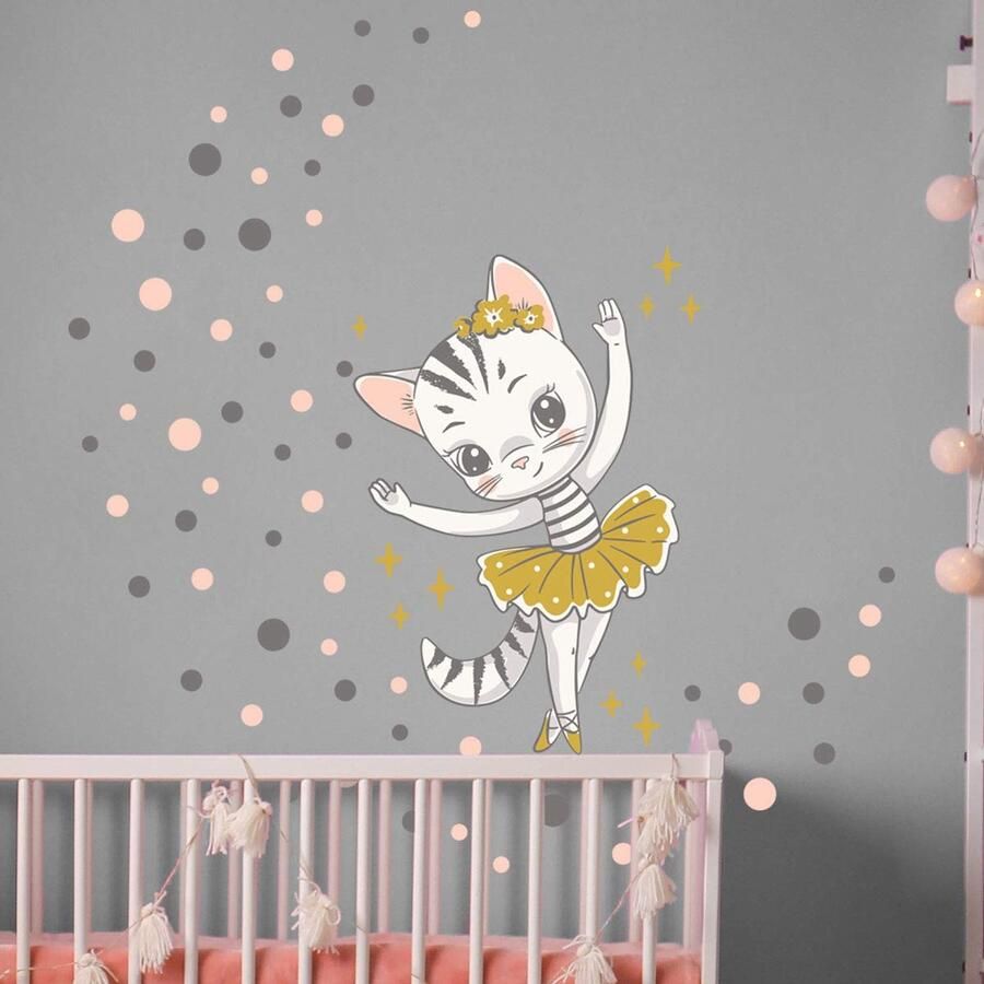 Muurstickers voor Kinderen met Kat Ballerina en Kleurrijke Cirkels