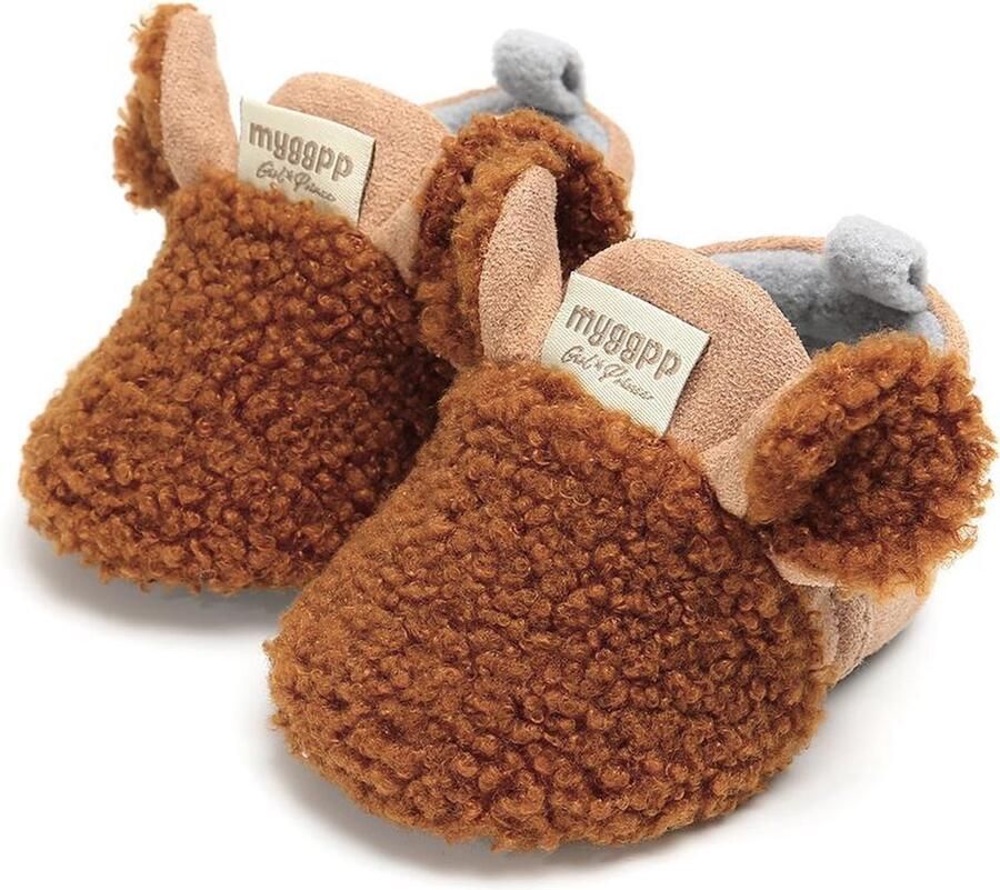 Completebabyuitzet Babyslofjes Antislip – Fleece voering Completebabyuizet Slofjes voor je baby dreumes voor en – 6-12 Maanden (12cm) Bruin