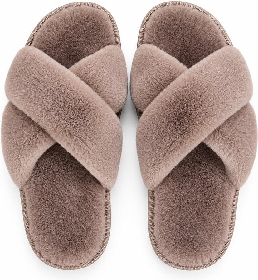 Mylinsé Pluchen Sloffen Pantoffels Dames Bruin (Valt Klein Geschikt voor ca. 39-40) Warme Winter Instappers Zachte Slippers met Antislip Zool