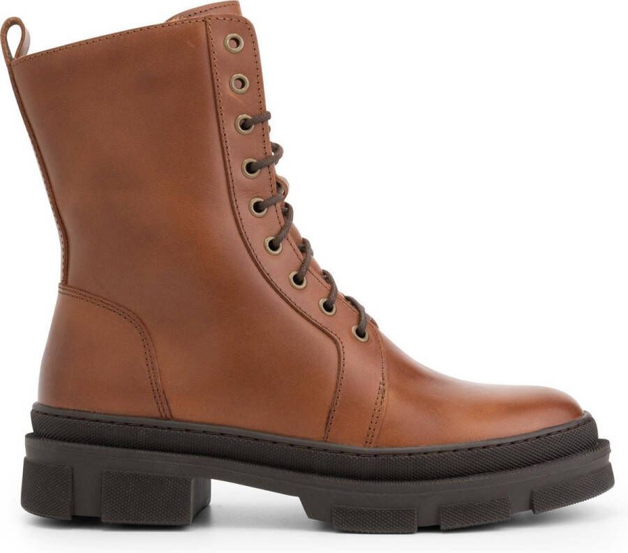 Mysa Aster Leren dameslaarzen Gevoerde veterschoenen Cognac Bruin Leer