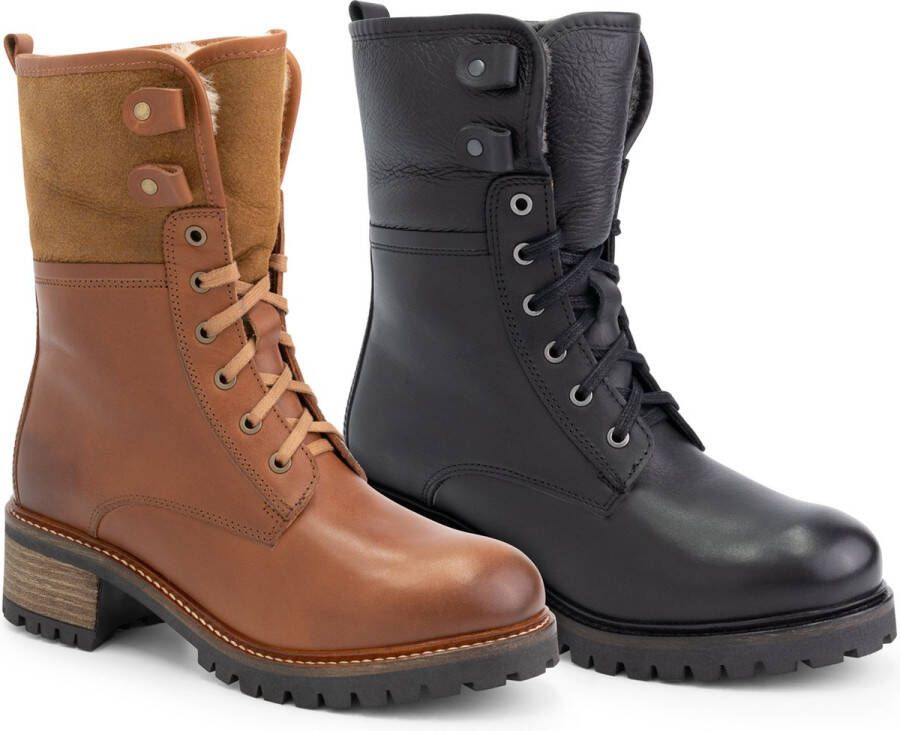 Mysa Daisy dames leren enkellaarzen Gevoerde veterschoenen Zwart Leer