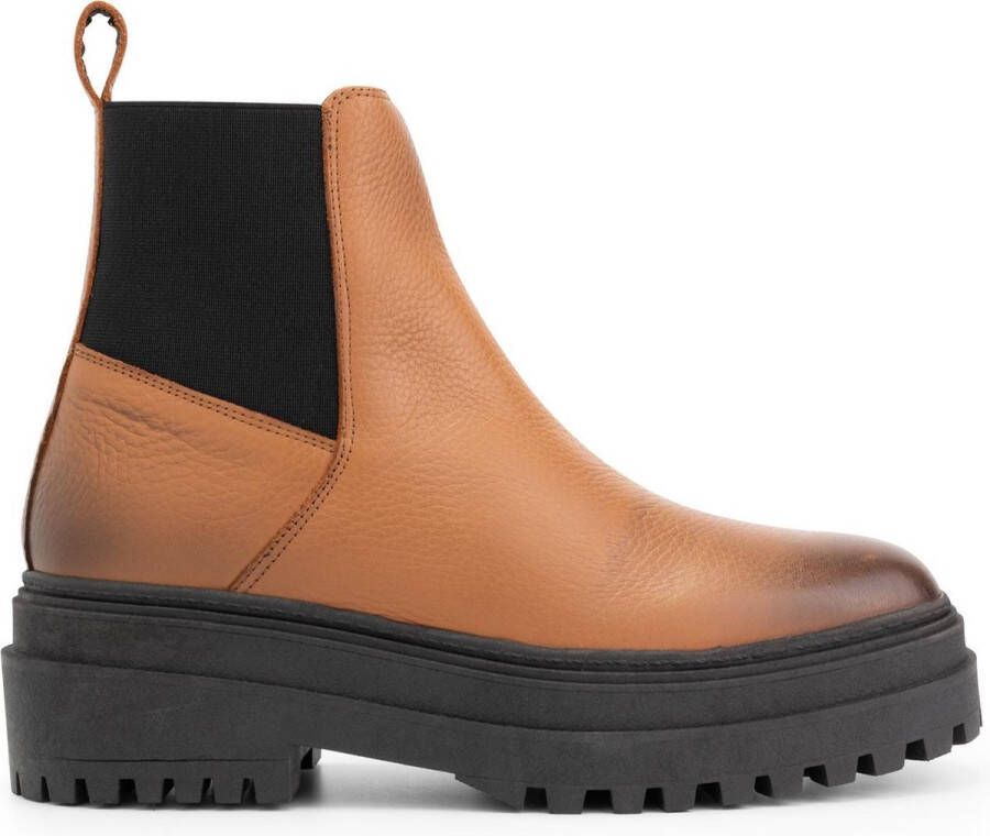 Mysa Yasamin Leren Dames Chelseaboots wol gevoerde laars Camel Bruin Leer
