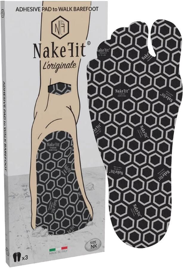 NakeFit L'ORIGINALE Hypoallergene Zelfklevende Voetzolen Zwart 3 Paar Heren (NK9) Barefoot Looppads voor Strand Zwembad en Buitenactiviteiten