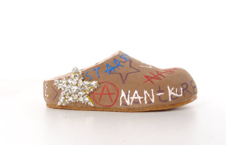 NAN-KU dames slipper suede lichtgroen bedrukt en met strass