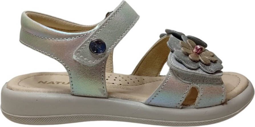 Naturino Bunaken velcro's bloemen lederen sandalen Zilverwit