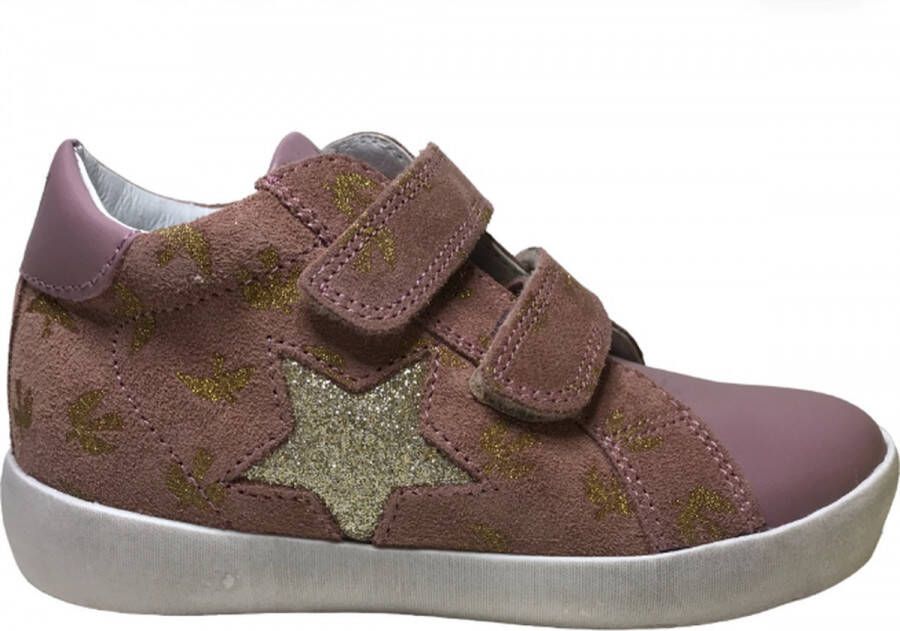 Naturino Dorrie velcro's bling gouden ster en gouden zwaluwen hoge lederen sneakers oud roze