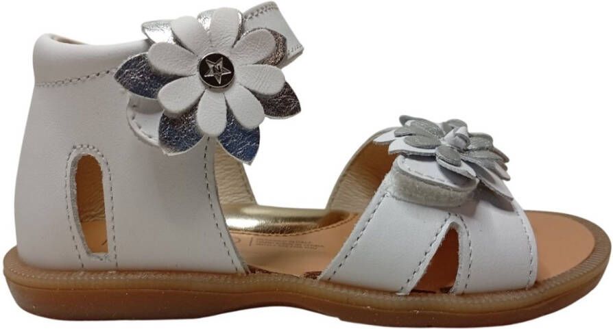 Naturino Giamima velcro's zilveren bloemen lederen sandalen wit dichte hiel