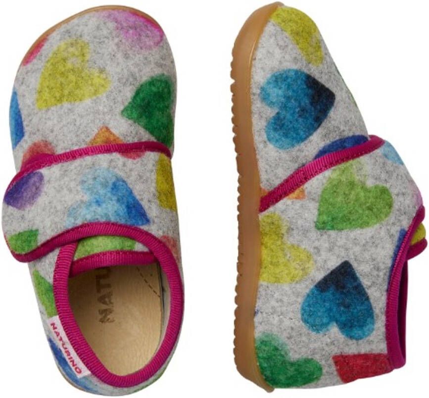 Naturino Home velcro kleurrijke hartjes velvet pantoffel- grijs