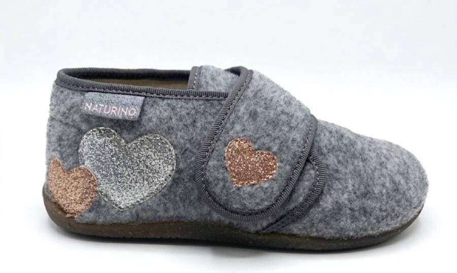 Naturino Dreamy velcro bling hartjes velvet pantoffel- Grijs