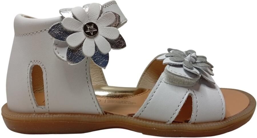 Naturino Giamima velcro's zilveren bloemen lederen sandalen wit dichte hiel