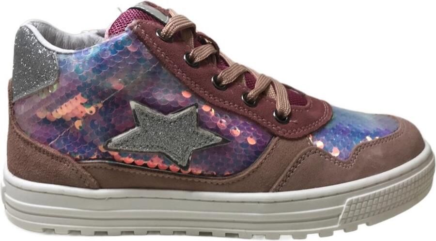 Naturino Hess High 3 Veter rits hoge lederen sneakers bling pailletjes roze