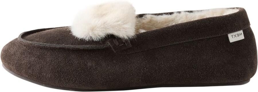 Next Dames Bontgevoerde suède moccassinpantoffels met omslag Bruin
