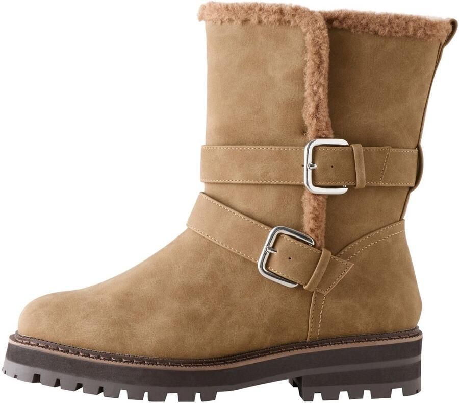Next Dames Forever Comfort enkellaarzen met dubbele gesp voering van imitatiebont en extra brede pasvorm Bruin