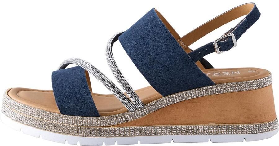 Next Dames Leren sportsandalen met glitterdetail sleehak en open hiel extra brede pasvorm Blauw