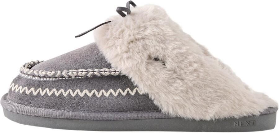 Next Dames Suède pantoffels met stiksels en voering van imitatiebont Grijs