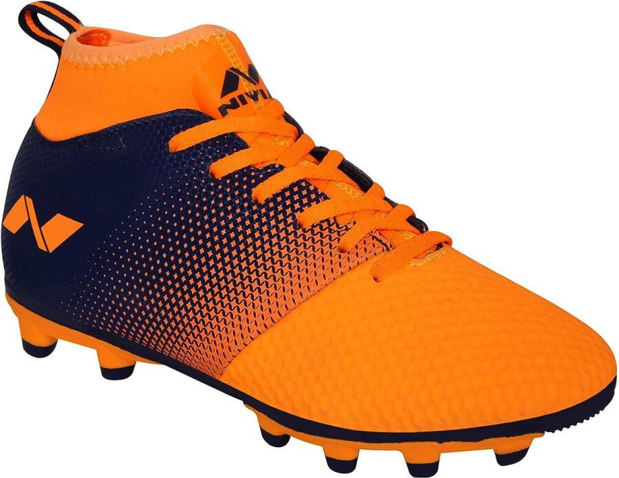 Nivia Ashtang Football Stud voor kinderen TPU Sole met PU synthetisch leer Een gevormde verwijderbare E.VA Voorgevormde TPU lichtgewicht binnenzool Ideaal voor harde en grasachtige oppervlakken (zwart oranje)