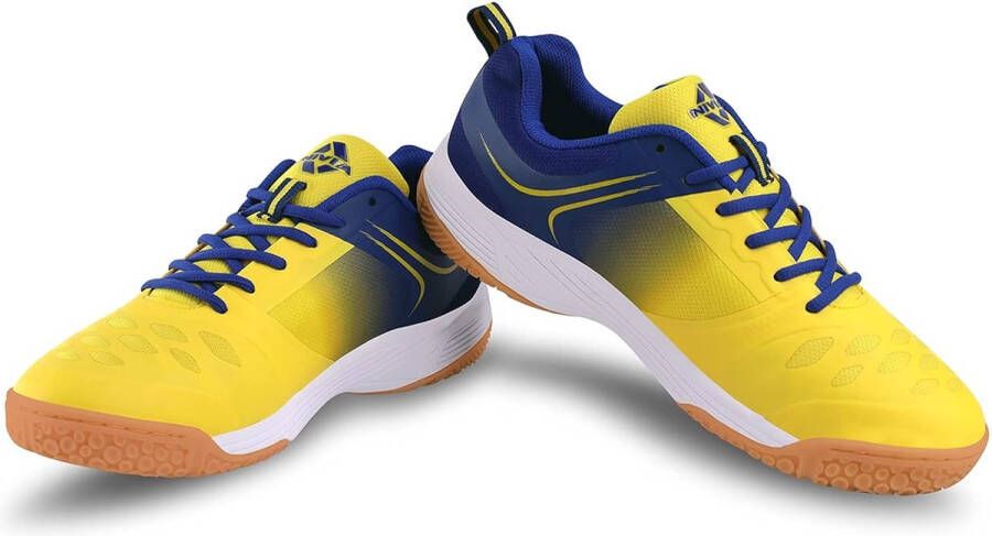 Nivia HY-Court 2.0 Badmintonschoenen Heren (Geel Blauw 46 EU) Padel Schoenen Heren Sportschoenen Heren Basketbal Schoenen Mesh Lichtgewicht & Ademend Voor Badminton Squash Tafeltennis & Volleybal Superieure Stabiliteit