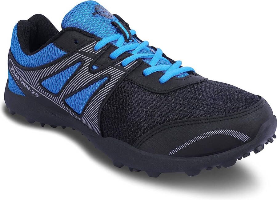 Nivia Men Marathon hardloopschoen voor heren Rubberen buitenzool met ademend mesh bovenwerk met PVC synthetisch leer Die Cut N.R E.VA Sockliner Ideaal voor trailrunning (blauw zwart) EURO