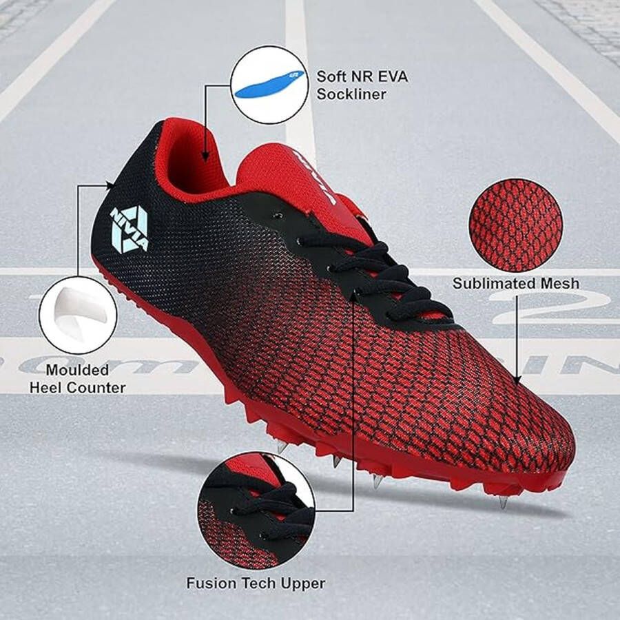 Nivia Stride 3.0 Athletic Spikes Track & Field Schoenen Rood 6 39 EU Materiaal: Synthetisch EVA Voor heren en jongens Lichtgewicht TPU Fusion Technologie Betere demping 8 afneembare spike pinnen