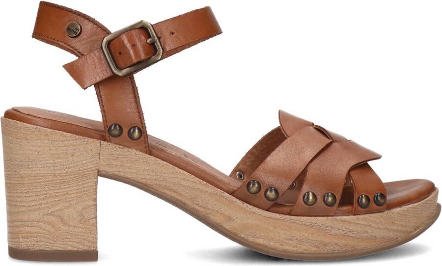 No Stress Dames Cognac leren blokhak met gevlochten band