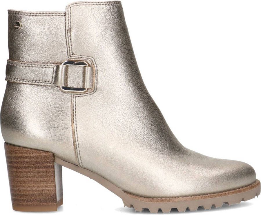 No Stress Dames Goudkleurige leren enkellaarsjes met hak en zilverkleurige gesp