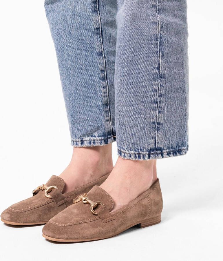 No Stress Dames Taupe suède loafers met goudkleurig detail
