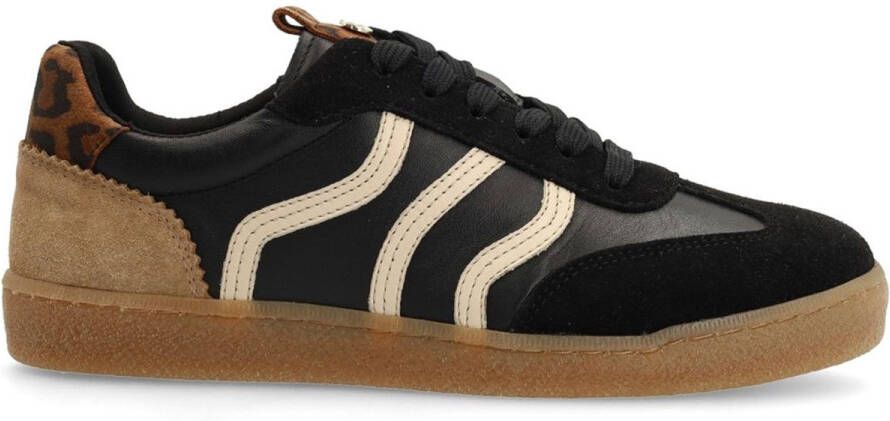 No Stress Dames Zwarte leren sneakers met leopard details