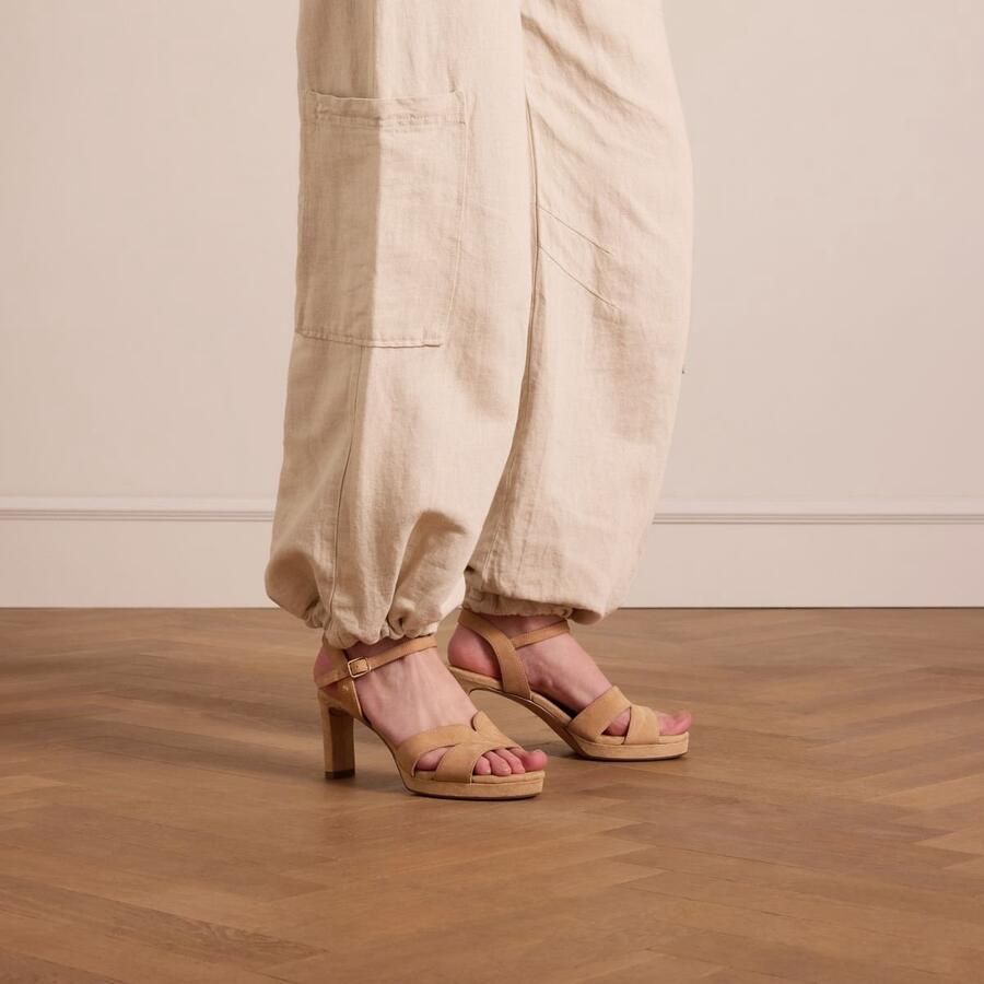 No Stress Dames Beige suède sandalen met hak