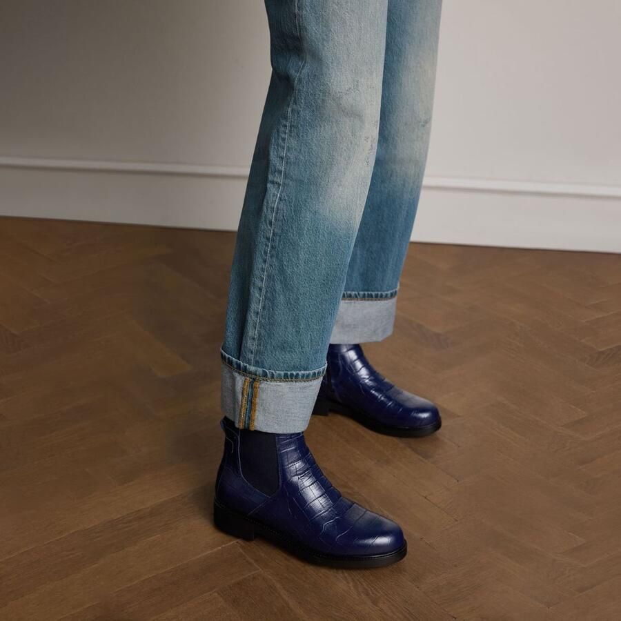 No Stress Dames Donkerblauwe leren chelsea boots met croco details