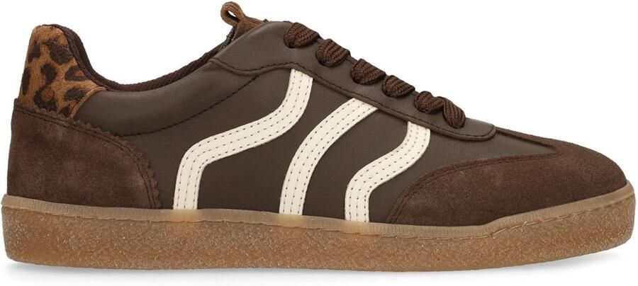 No Stress Dames Donkerbruine leren sneakers met suède details