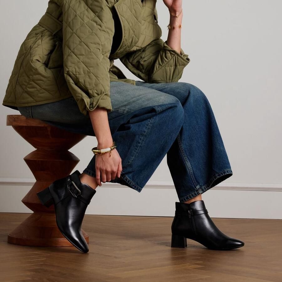 No Stress Dames Zwarte leren enkellaarsjes met hak