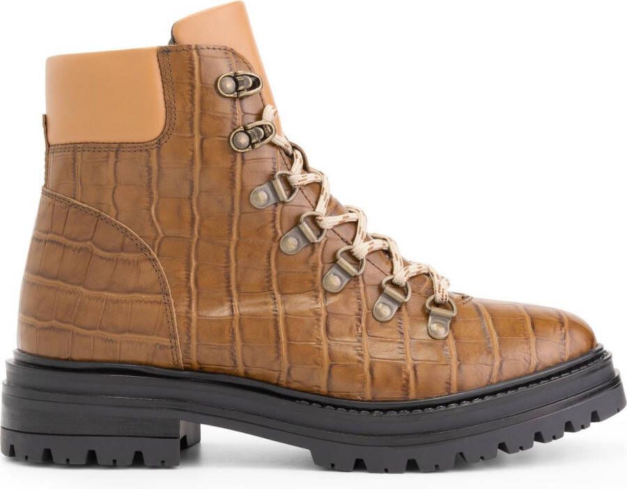 NoGRZ P.Cook Dames Leren enkelboots gevoerde veterschoenen Cognac Bruin Leer