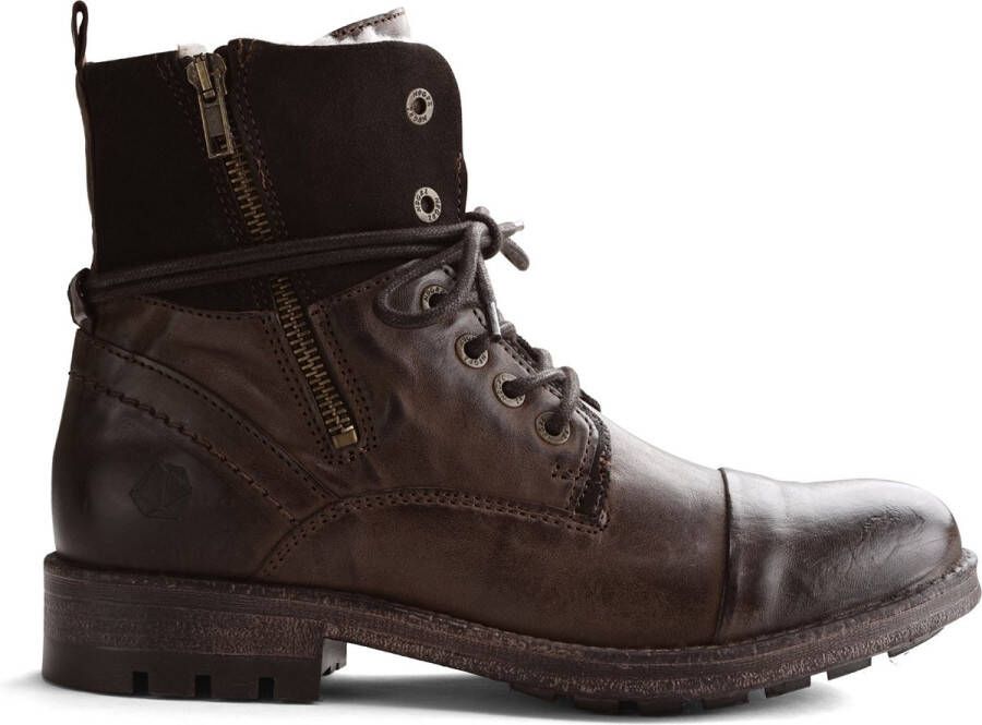 NoGRZ P.Post Dames Leren enkellaars Winter veterboots Wol gevoerd Donkerbruin