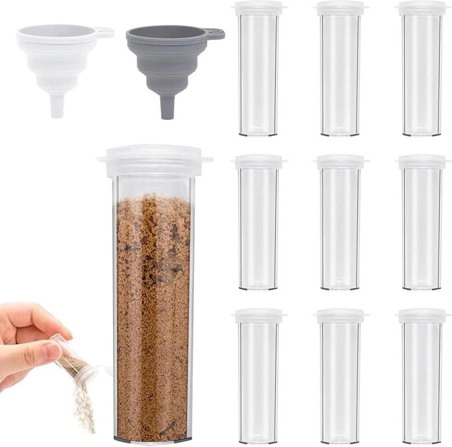 Nordivar Mini Zout- en Pepervaatjes Set 10 stuks 10 g Kruidenstrooier voor Onderweg Reizen Camping Plastic met Deksel en Trechter Voor Keuken en Grillen in de Openlucht