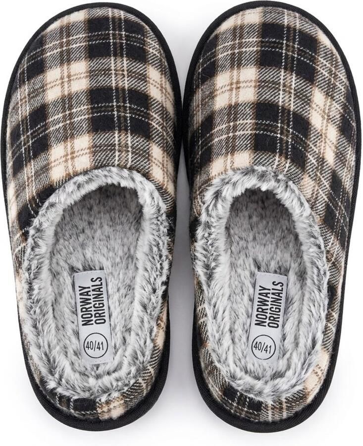 Norway originals Heren Pantoffels Warme Geruite Sloffen met Bonte Voering Stevige Anti-slip TPR Zool