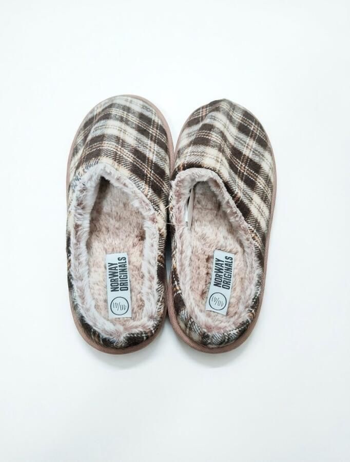 Norway originals Heren Pantoffels Warme Geruite Sloffen met Bonte Voering Stevige Anti-slip TPR Zool