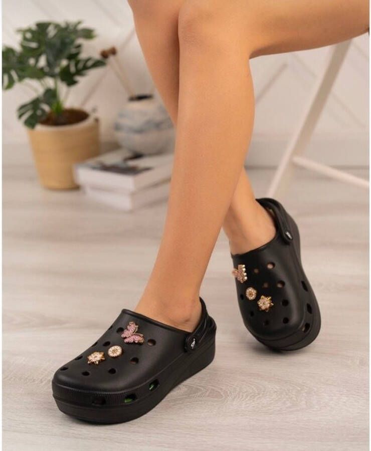Novelido High Sole Zwart Dames Sabo Slippers Massage Sole met Patroon Schoenen
