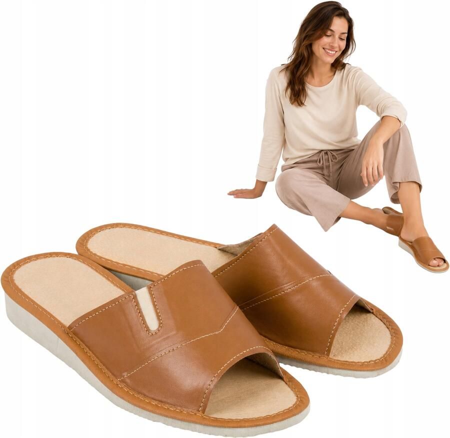 Nowo Dames Lichte Bruine Leren Pantoffels Open Teen