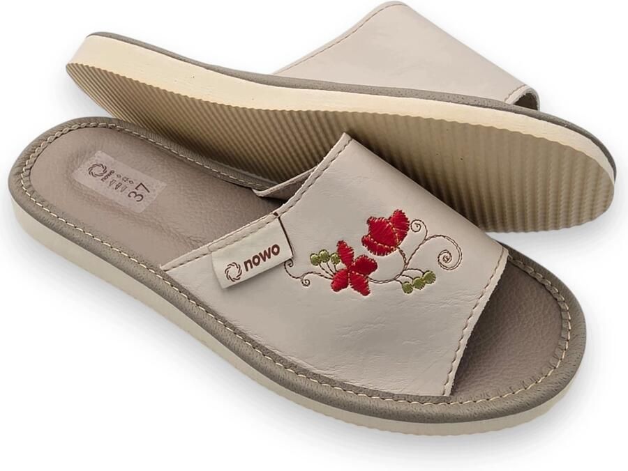 Nowo Dames Pantoffels Beige Comfortabele Leren Instappers