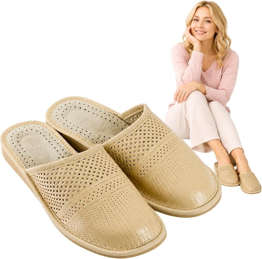 Nowo Dames Pantoffels Beige Perforatie Instappers