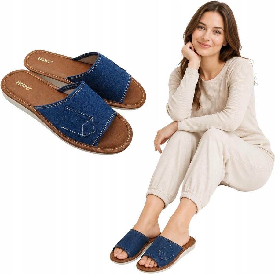 Nowo Dames Pantoffels Blauw Jeans met Leren Binnenzool