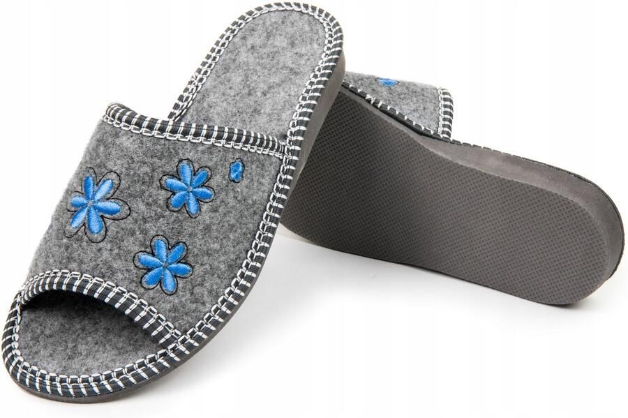 Nowo Dames Pantoffels Blauwe Bloemen Grijs Vilt
