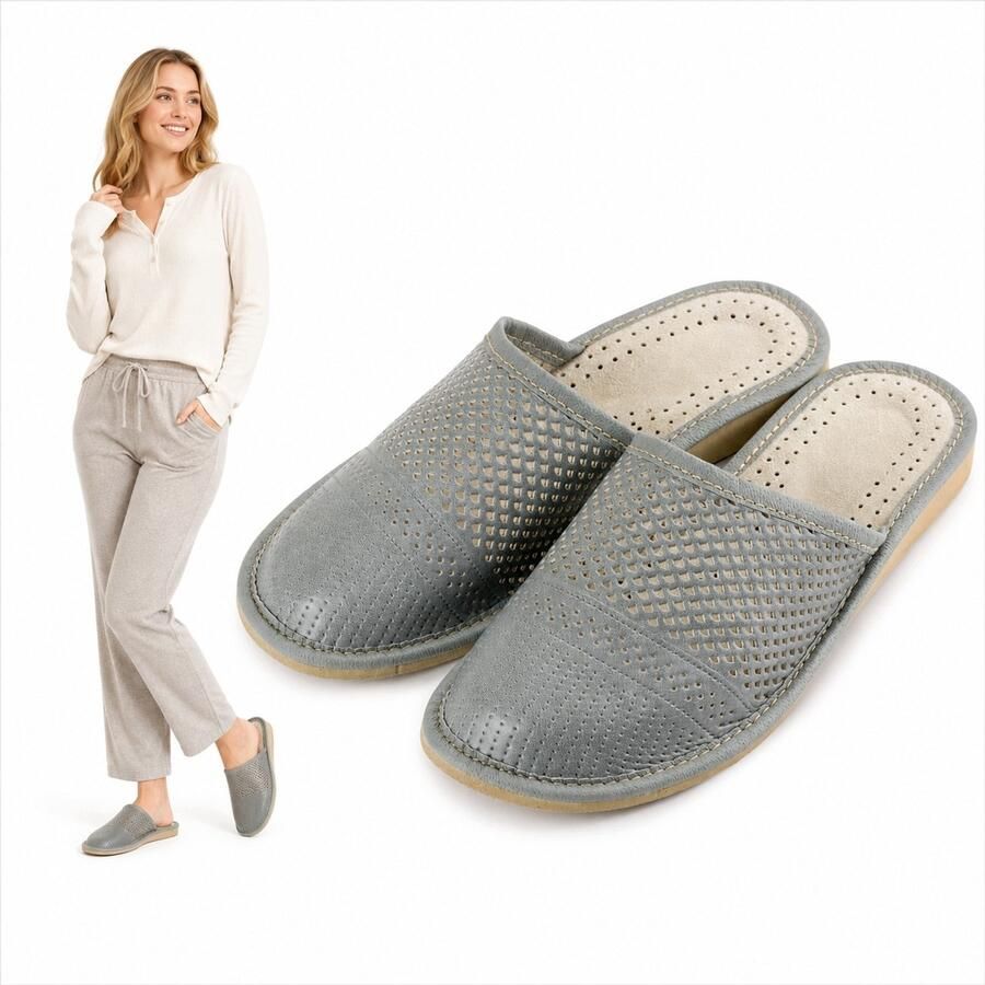 Nowo Dames Pantoffels Grijs Leerlook Ajour