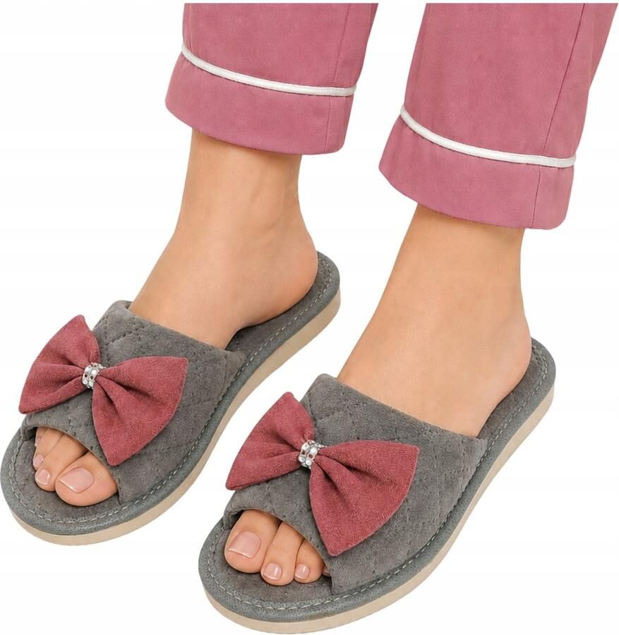 Nowo Dames Pantoffels Grijs met Roze Strik Open Teen Slippers