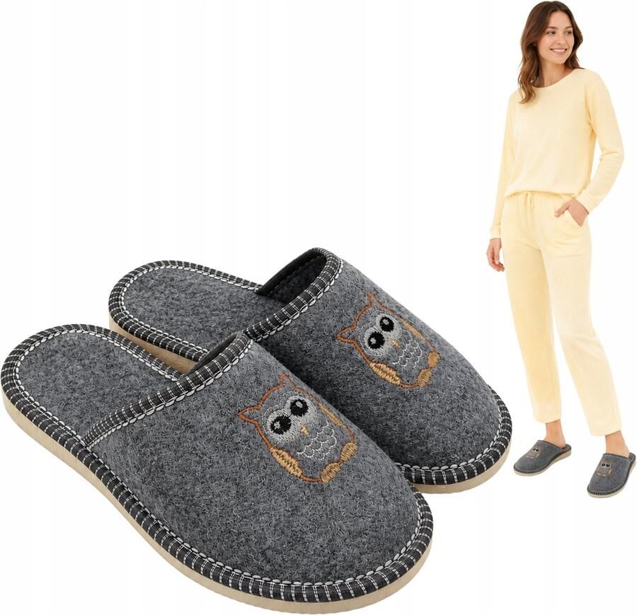 Nowo Dames Pantoffels Grijs Vilt Uil Borduurwerk