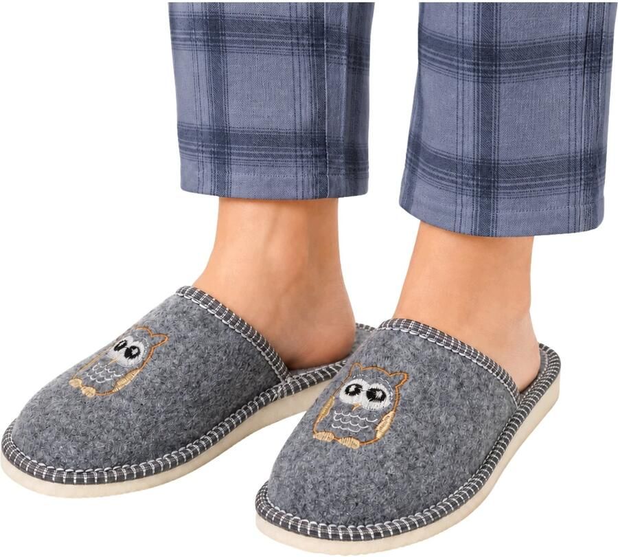 Nowo Dames Pantoffels Grijs Vilt Uil Borduurwerk