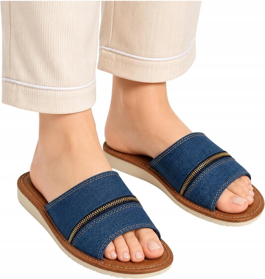 Nowo Dames Pantoffels Jeans Blauw Open Teen Leer